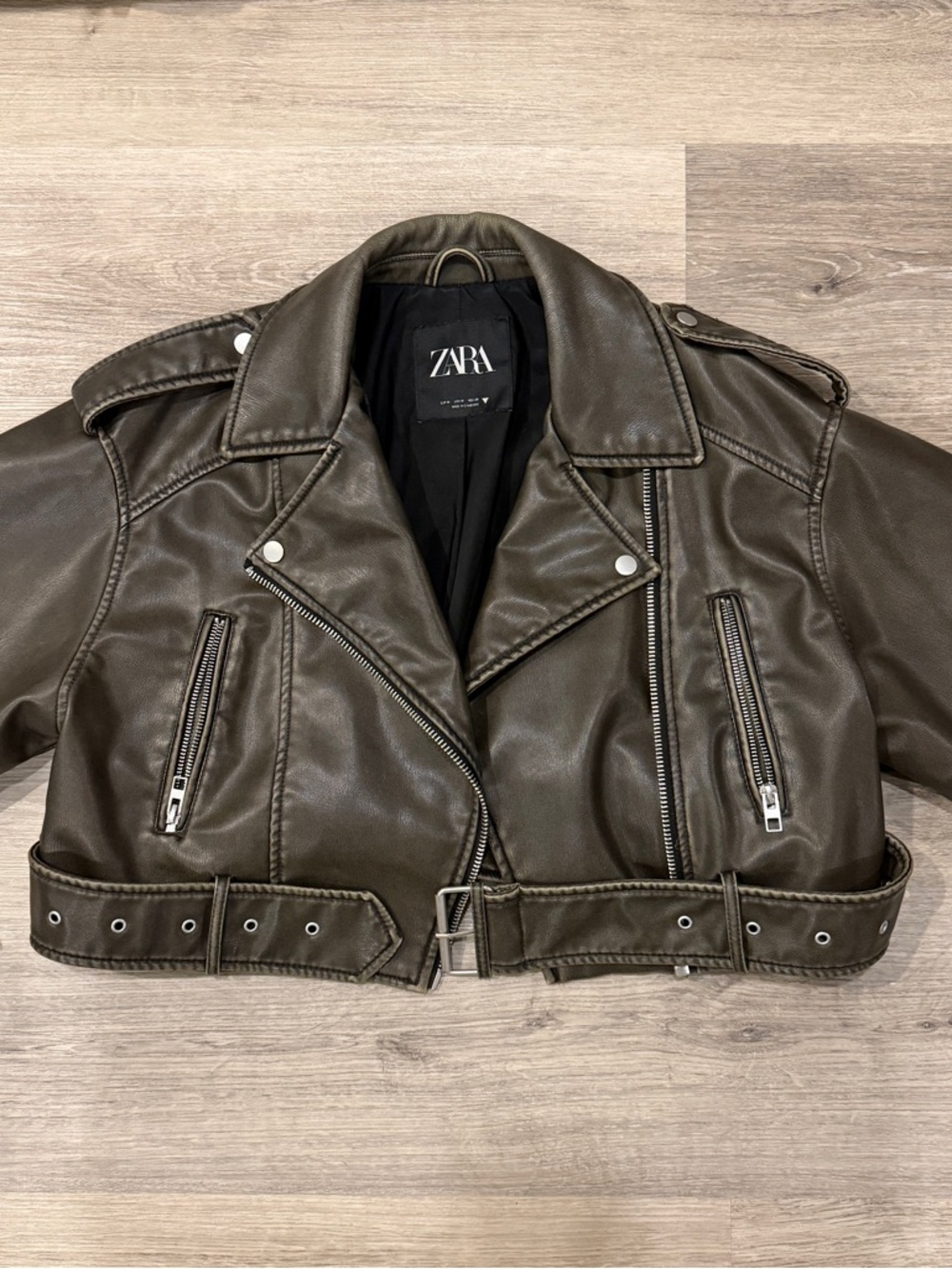 ZARA Cropped Olive Faux Leather Moto Jacket with Belt